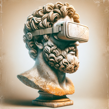 Antique bust of a Greek philosopher with a VR headset