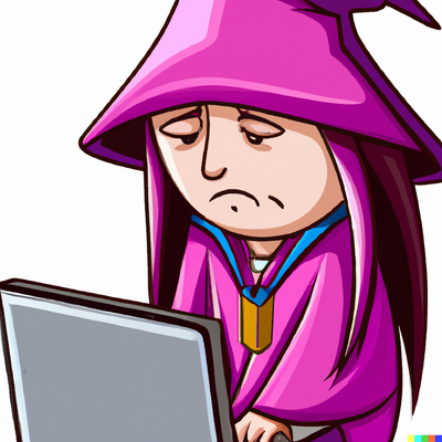 Sad Female Wizard in pink using the laptop , white background, digital art mascot