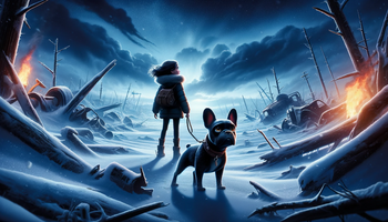 A girl and her black French Bulldog in a winter wasteland.