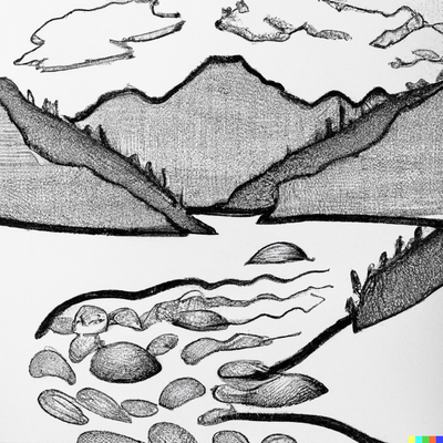 A mountain landscape with a river, dotted-pen art