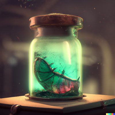 Specimen inside a glass jar with a rusty lid, green bioluminescence, inner glow, no reflection, blurred lab background, 3D, digital art