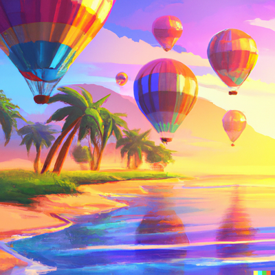 Hot air balloons with a sunny beach scene, palm trees, crystal clear water, and a colorful sunset, digital art