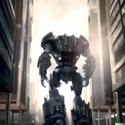 Massive mech walking through downtown skyscrapers, digital art, natural lighting, transformers