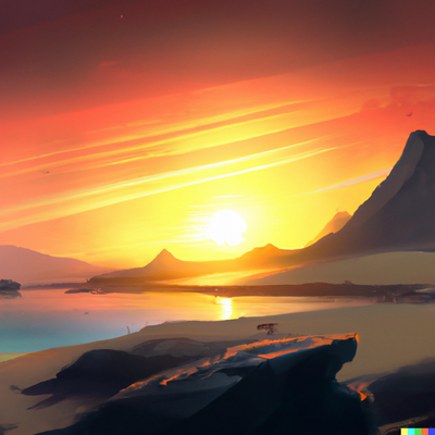 sunset over a beach, a sunset over a mountain range, digital art
