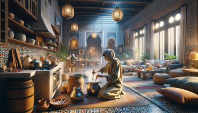 Realistic view of a Moroccan woman managing her household in a contemporary setting.