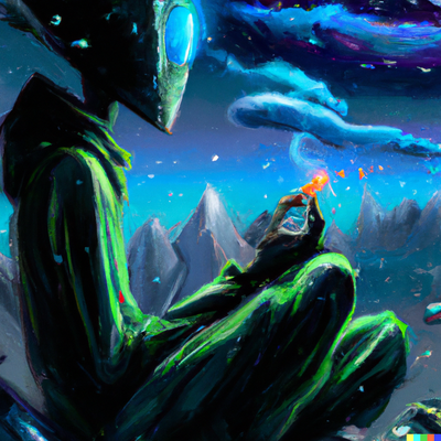 Alien smoking weed, intergalactic landscape, digital art
