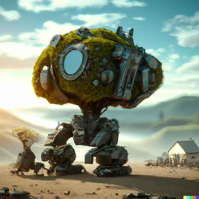 Massive robot mech,small trees, digital art, natural lighting, hbo