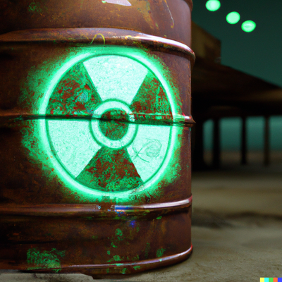 Rusty Biohazard Barrel, green bioluminescence, inner glow, no reflection, blurred lab background, 3D, digital art
