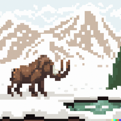 mammoth walking a snowy mountain landscape with a river, pixel art