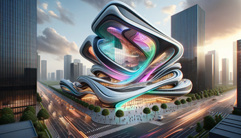 Exterior concept of "Tiana Theater" inspired by the style of Karim Rashid, illustration