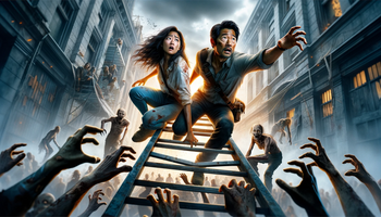 Wallpaper of a couple human survivors with looks of terror on their faces, climbing a ladder to a rooftop during a zombie apocalypse.