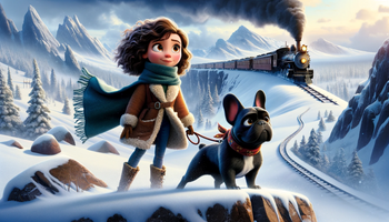 A girl with curly hair and a scarf, along with her black French Bulldog, on the side of a mountain with a train.