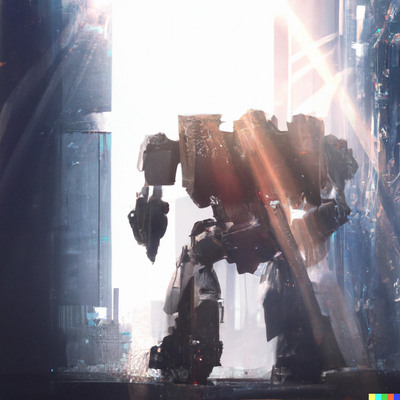 Massive mech walking through downtown skyscrapers, digital art, natural lighting, light rays