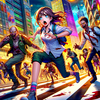 Anime-style showing human survivors running away in fear from zombies during an apocalypse in a city.