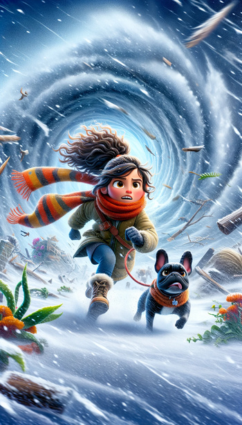 Curly-haired girl with a ponytail and headscarf, along with her black French Bulldog, courageously facing an intense winter storm.