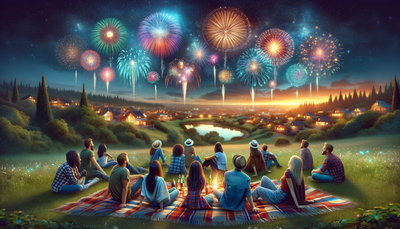 Friends and family laid out on blankets, watching a spectacular fireworks display.