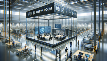 A modern manufacturing facility with an Obeya Room highlighted, showing people engaged in decision-making, illustration