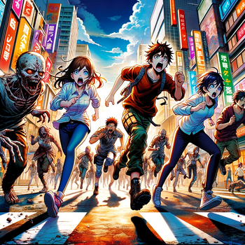 Anime-style showing human survivors running away in fear from zombies during an apocalypse in a city.