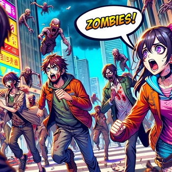 Anime-style sticker depicting human survivors running away from zombies in a city, with a chat bubble sticker saying "Zombies!"