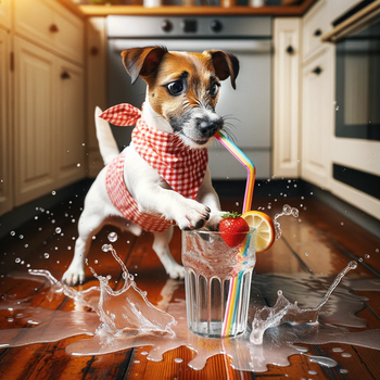 A dog wearing a cute outfit and trying to drink water from a glass cup with a straw.