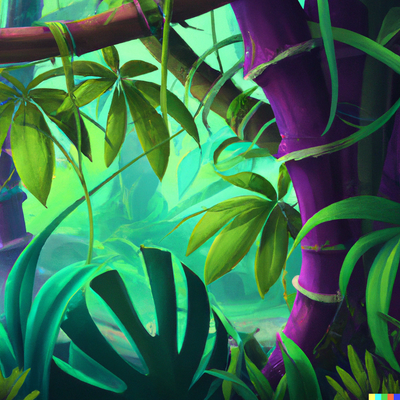 cute bamboo leafs and plants in a tropical forest, digital art