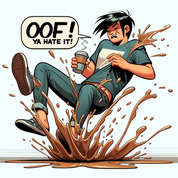 Sticker of someone spilling coffee on themselves and reacting with the phrase 'Oof! Ya Hate It!' in a speech bubble.