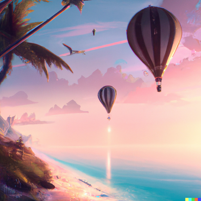 Hot air balloons with a sunny beach scene, palm trees, crystal clear water, and a colorful sunset, digital art