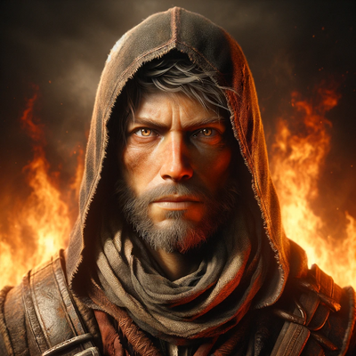 A digital art avatar of a wanderer, focusing on the shoulders up, set against a fiery background.