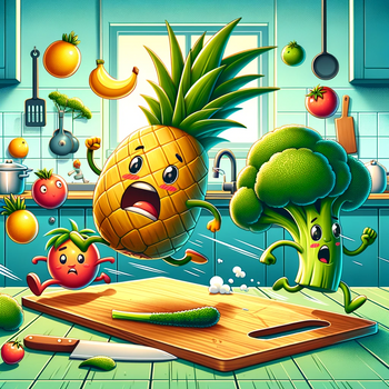 Various fruits and vegetables, including a pineapple and broccoli, humorously fleeing and running off a cutting board.