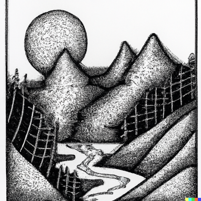 A mountain landscape with a river, dotted-pen art