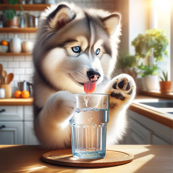 A dog drinking water from a glass cup.