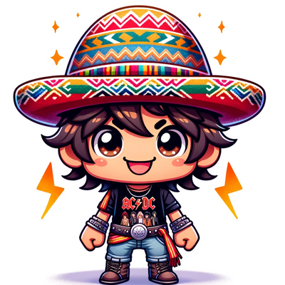 A Peruvian dressed in rock and roll AC DC with a Peruvian hat in kawaii mode cartoon