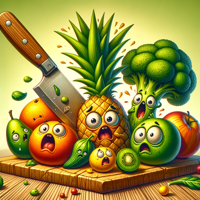 Fruits, including a pineapple and broccoli, on a cutting board, with exaggerated expressions of fear as a knife looms over them.