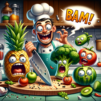 Human chef preparing fruits and vegetables on the cutting board with a speech bubble saying "BAM!". Include a pineapple and broccoli, on a cutting board, with fear as a knife lands close to them. Sticker
