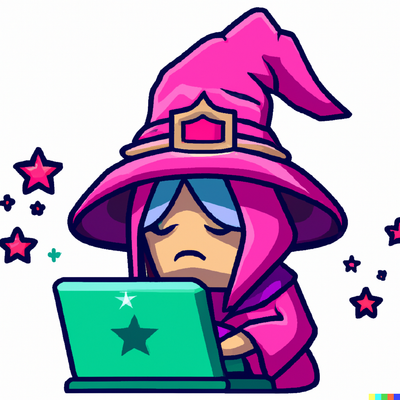 Sad Female Wizard in pink using the laptop , white background, digital art mascot