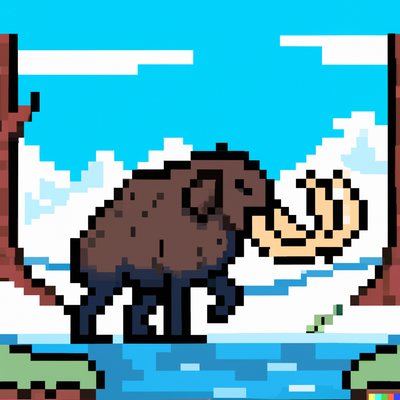 mammoth walking a mountain landscape with a river, pixel art