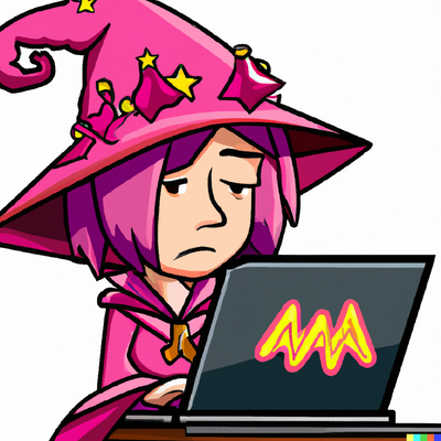 Sad Female Wizard in pink using the laptop , white background, digital art mascot