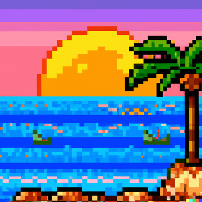 sunny beach scene with palm trees, crystal clear water, and a colorful sunset, pixel art