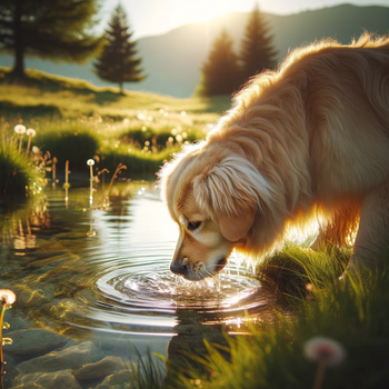 A dog drinking water in a serene natural setting.