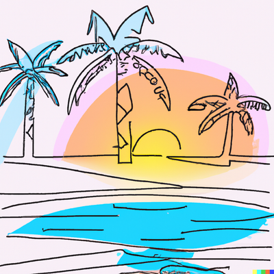 sunny beach scene with palm trees, crystal clear water, and a colorful sunset, one-line drawing