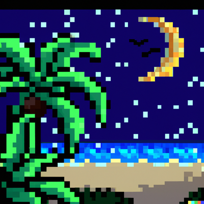 night beach scene with palm trees, crystal clear water, and a bright moon, pixel art