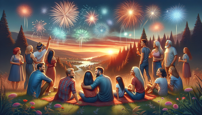 Wallpaper featuring a small group of friends and family in a beautiful environment, watching a fireworks display.