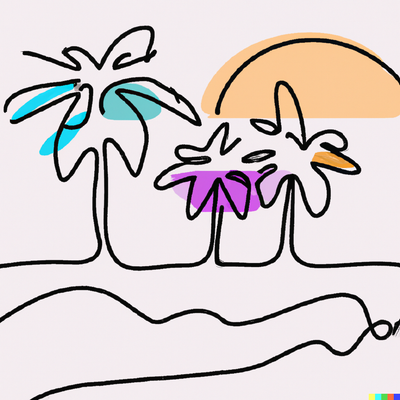 sunny beach scene with palm trees, crystal clear water, and a colorful sunset, one-line drawing