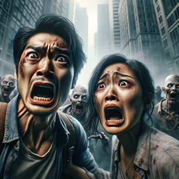 A couple of human survivors with an expression of sheer terror, set in a zombie apocalypse.