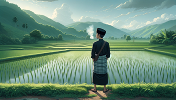  Islamic boarding school student in his twenties, standing at the edge of a rice paddy