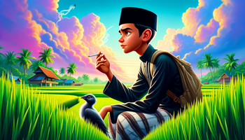 Islamic boarding school student in his twenties, dressed in black clothes, a sarong, and wearing a black cap, working in the rice field with his pet bird.