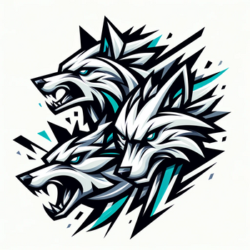 A pack of Arctic wolves, depicted in an aggressive and snarling style using geometric shapes, set against a white background.