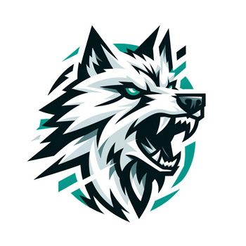 Arctic wolf mascot logo in a more aggressive and snarling style, depicted using sharp, angular geometric shapes in an abstract and artistic approach.