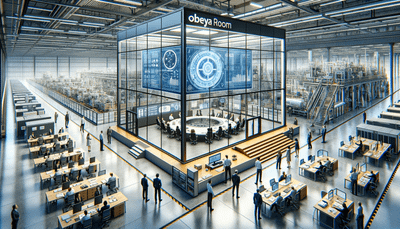 A modern manufacturing facility with an Obeya Room highlighted, showing people engaged in decision-making, illustration