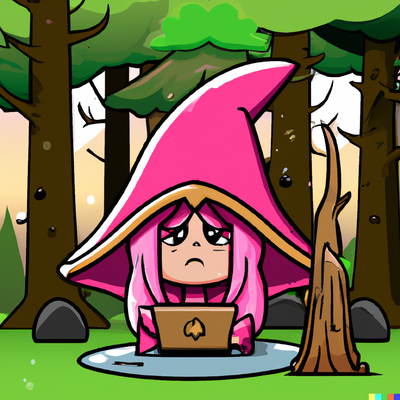 Sad Female Wizard in pink using the laptop in a forest, digital art mascot